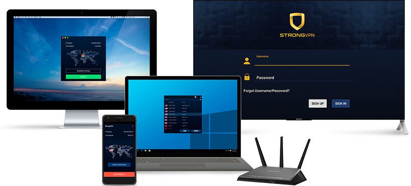 Small assortment of technological devices compatible with Strong VPN.