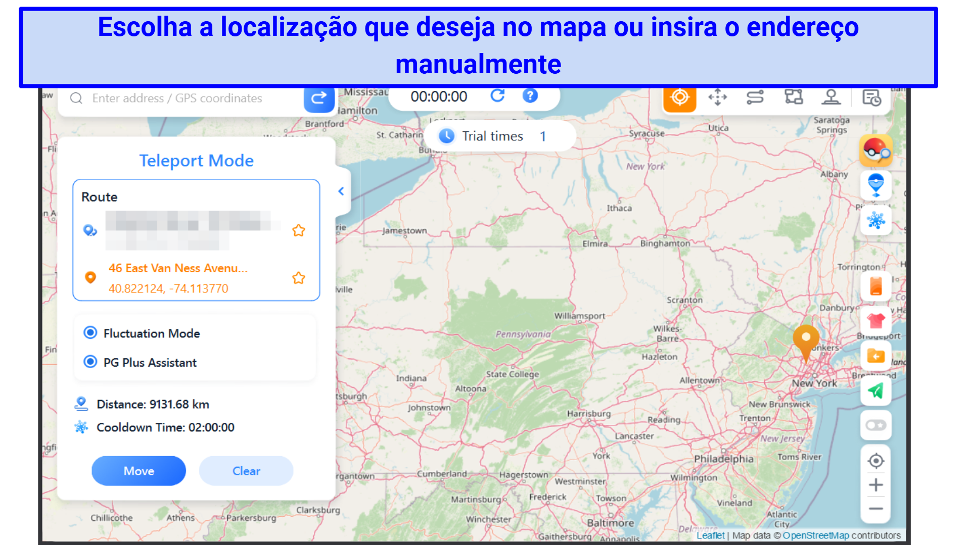 Screenshot showing how to choose a location in the spoofing app