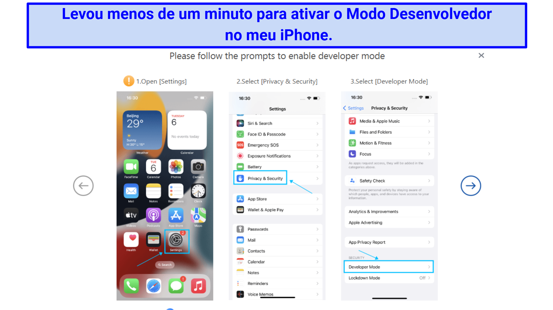 Screenshot showing how to enable Developer Mode on iPhone