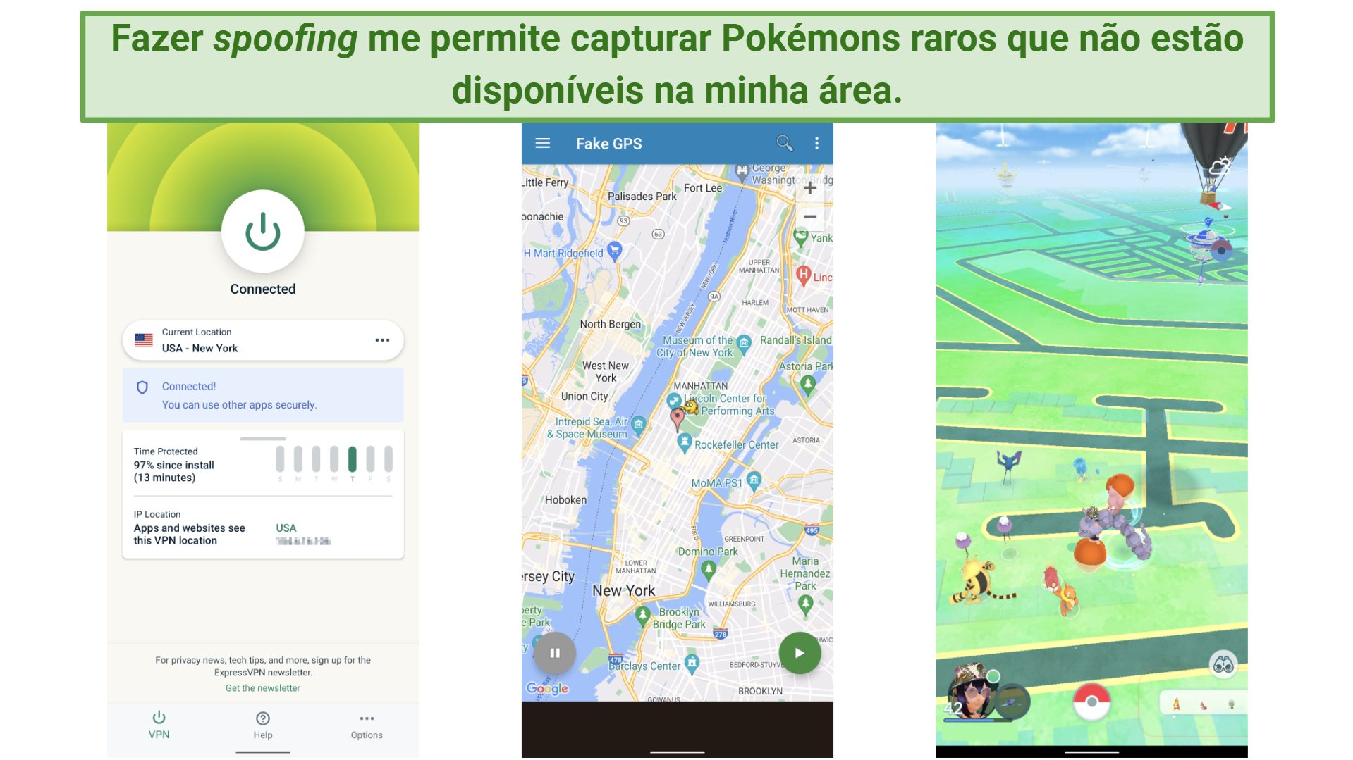 A screenshot showing a Pokemon GO gameplay with location spoofed on Android