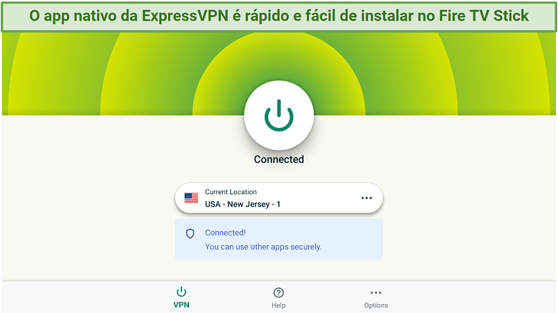 Screenshot showing the ExpressVPN home screen on the native Fire app