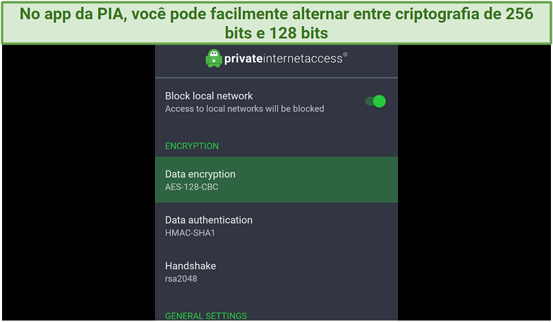 Screenshot showing how to switch encryption on PIA's native Fire app