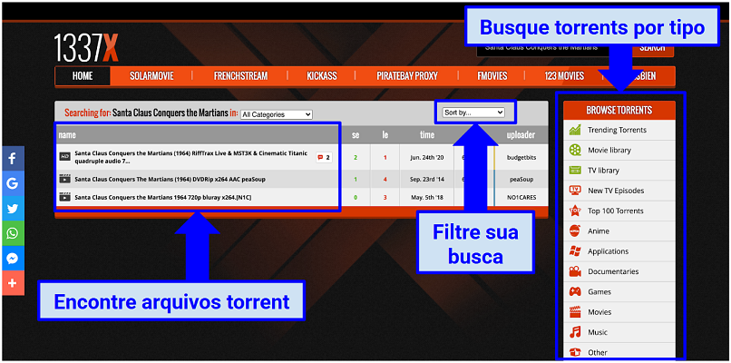 Gráfico mostrando a página inicial do 1337x