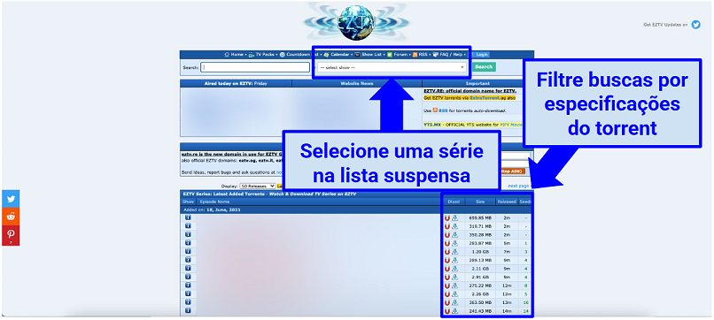 Gráfico mostrando a homepage da EZTV