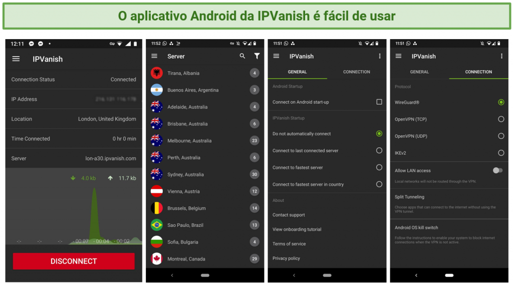 Screenshots showing IPVanish's Android app settings menu and its server list