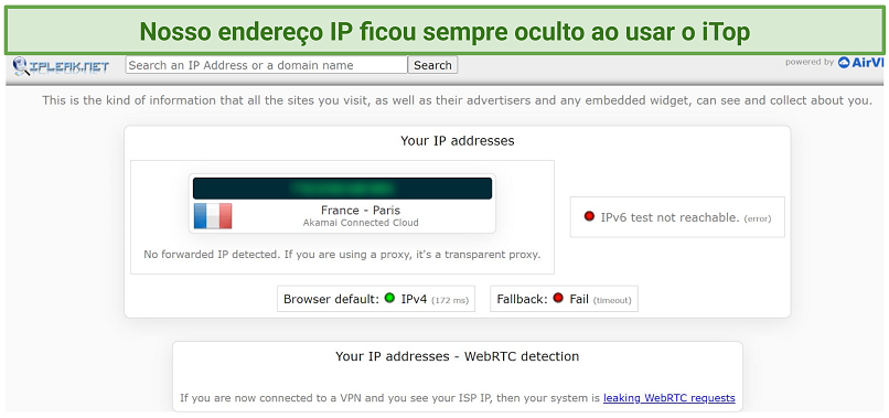 A screenshot of IP leak test results showing iTop protecting my IP address