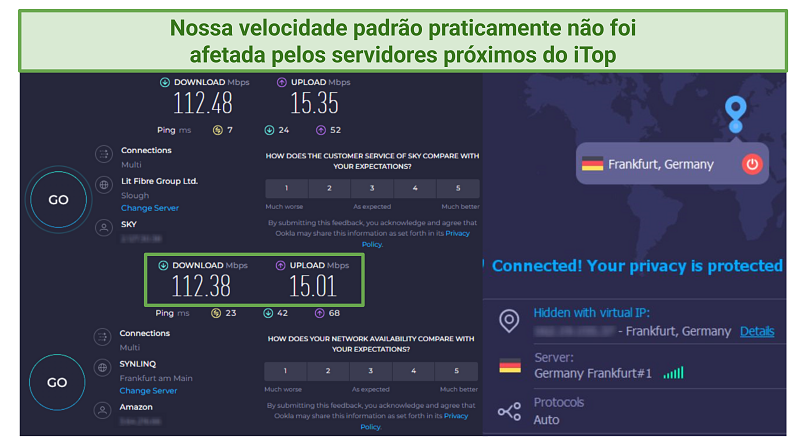 Screenshot of Ookla speed tests done with no VPN and while connected to iTop VPN's German servers