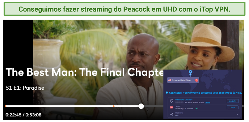 Screenshot of Peacock player streaming The Best Man: The Final Chapter while connected to iTop VPN