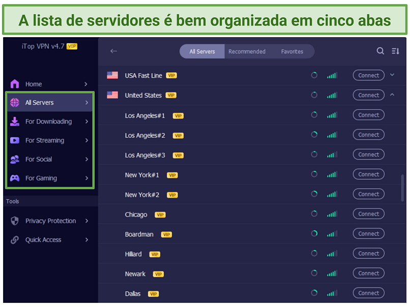 Screenshot of Total AV VPN app highlighting some of the US city-level server list