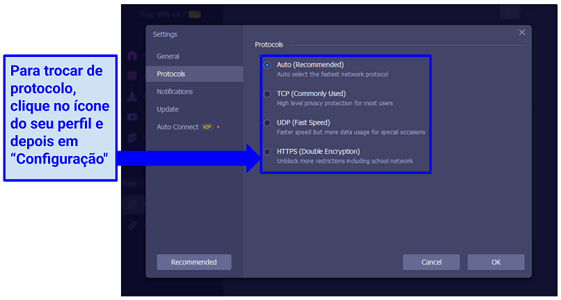 A snapshot showing how to change iTop VPN protocols