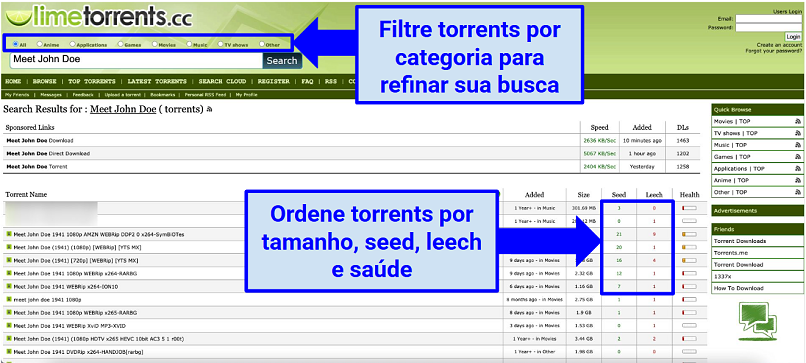 Gráfico mostrando a página inicial do Limetorrentz