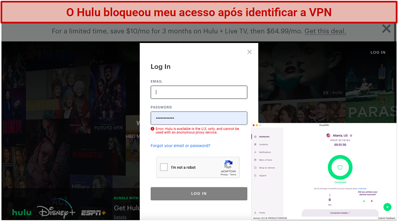 screenshot of Hulu login screen blocking the VPN