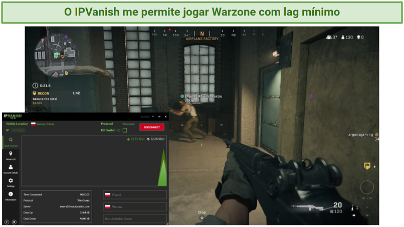A picture showing IPVanish accessing bot lobbies in Call of Duty Warzone.