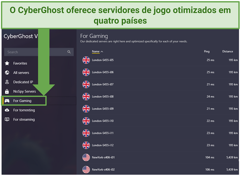 A screenshot showing CyberGhost's optimized gaming servers