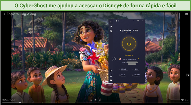 Captura de tela do Disney+ sendo acessado pelo CyberGhost e reproduzindo o filme Encanto.