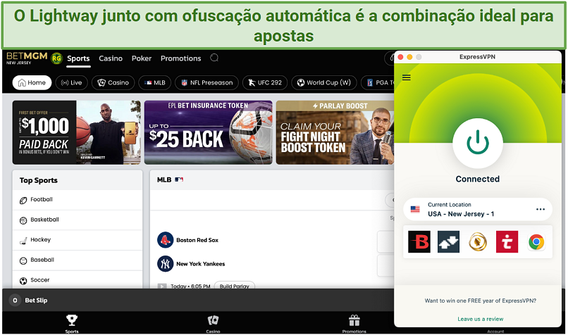 Screenshot of the ExpressVPN app connected to a server in New Jersey, over a browser displaying BetMGM