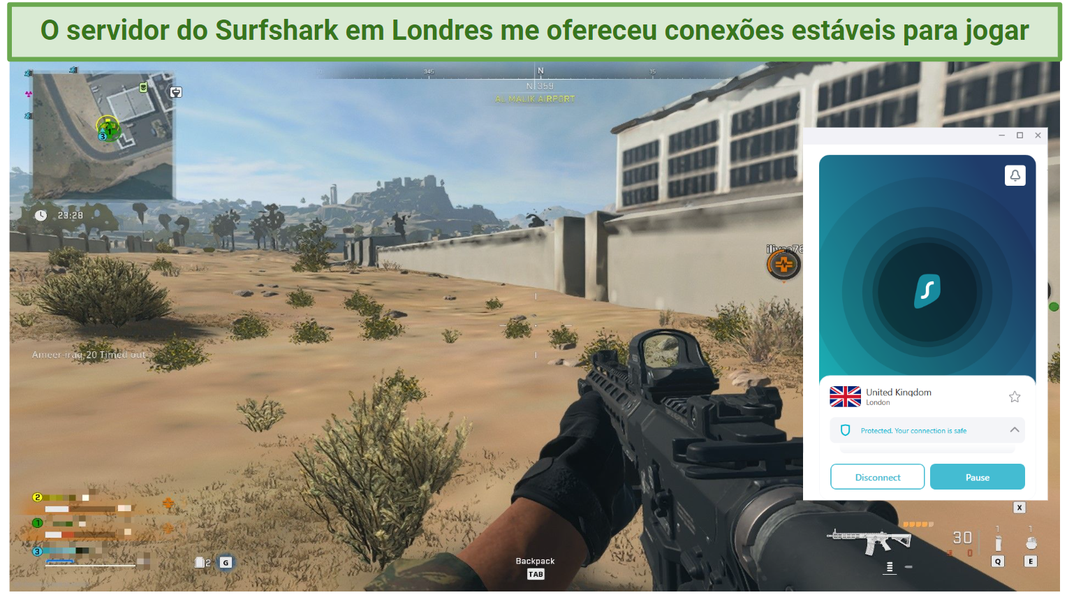 Screenshot showing Warzone Gameplay with Surfshark connected