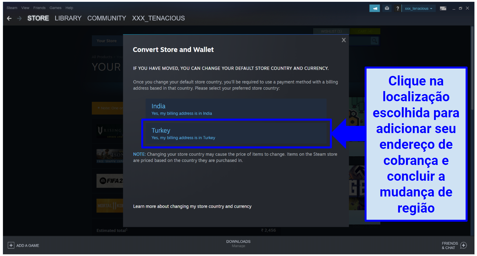 A screenshot showing that the user can click on their chosen location to input their billing address and change their region on Steam