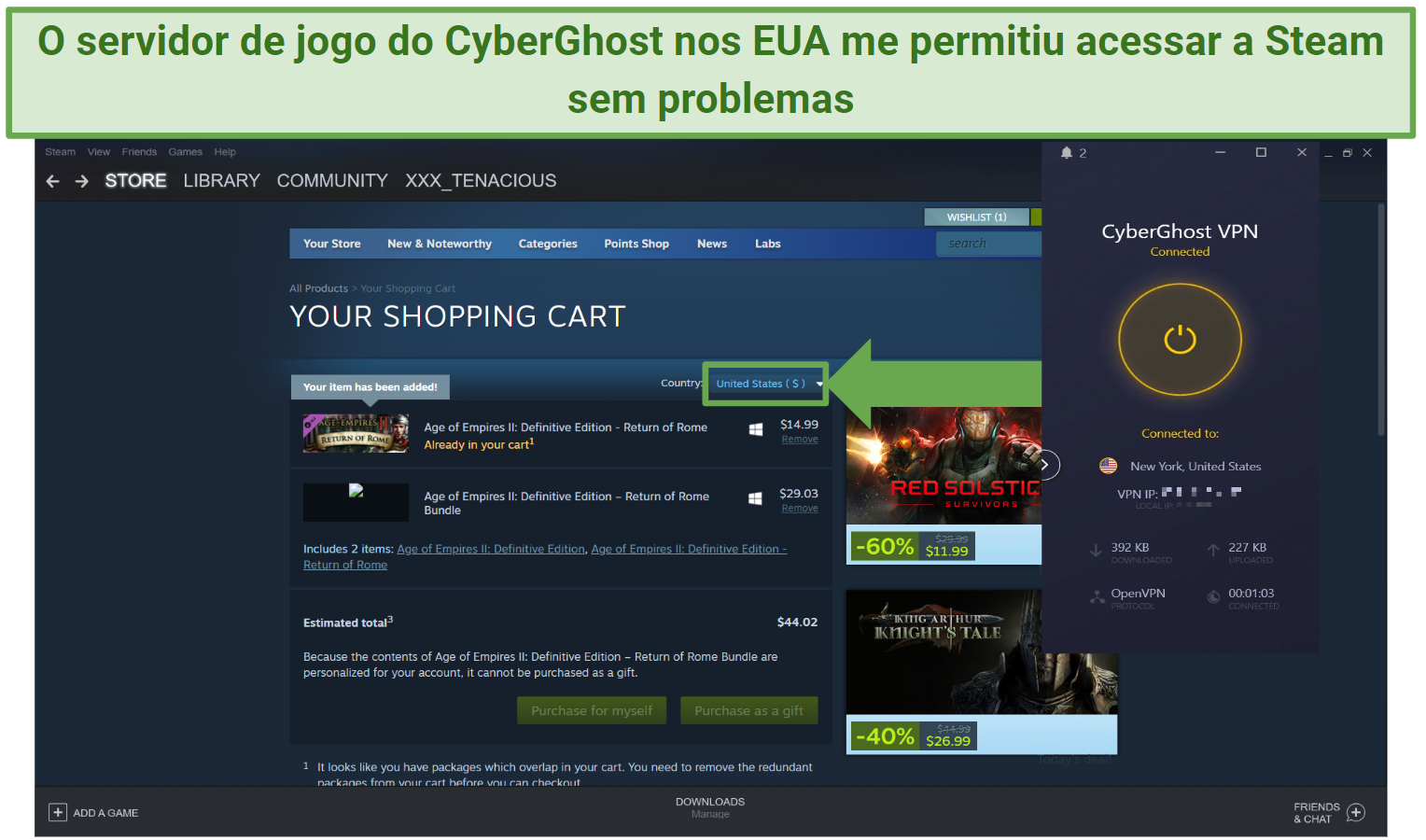 Screenshot of Steam's US store with CyberGhost connected