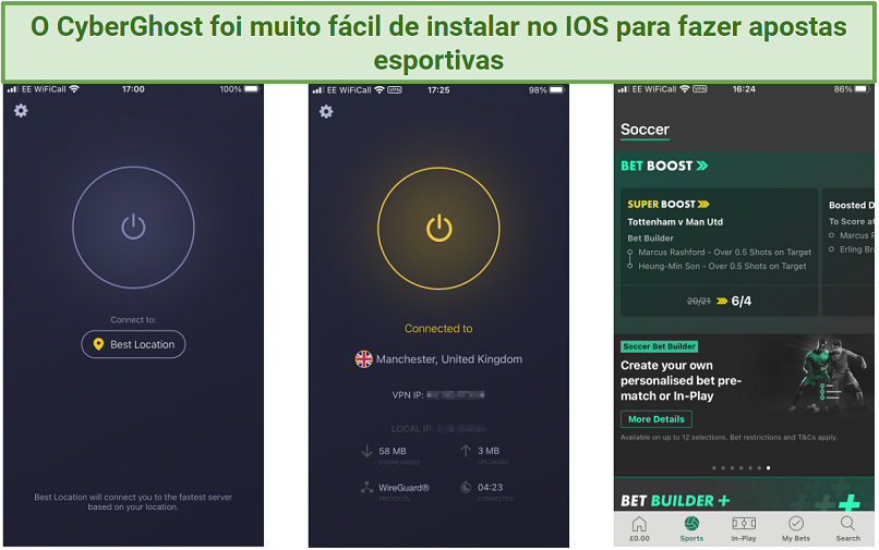 Screenshot of the CyberGhost app and bet365 on an iPhone