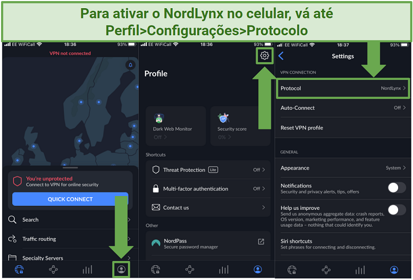 Screenshot showing how to activate the proprietary NordLynx protocol on mobile devices