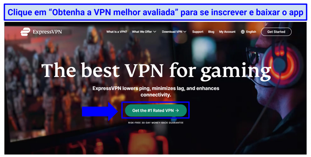 Screenshot of ExpressVPN's gaming landing page explaining that it offers servers with low ping and minimal lag covered by a 30-day money-back guarantee