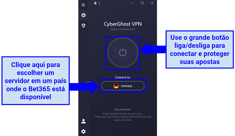 Screenshot of CyberGhost's user interface showing how to choose a server and connect