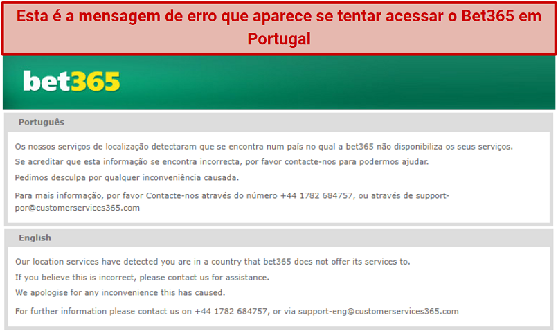 A screenshot of bet365's location error message in Portuguese and English