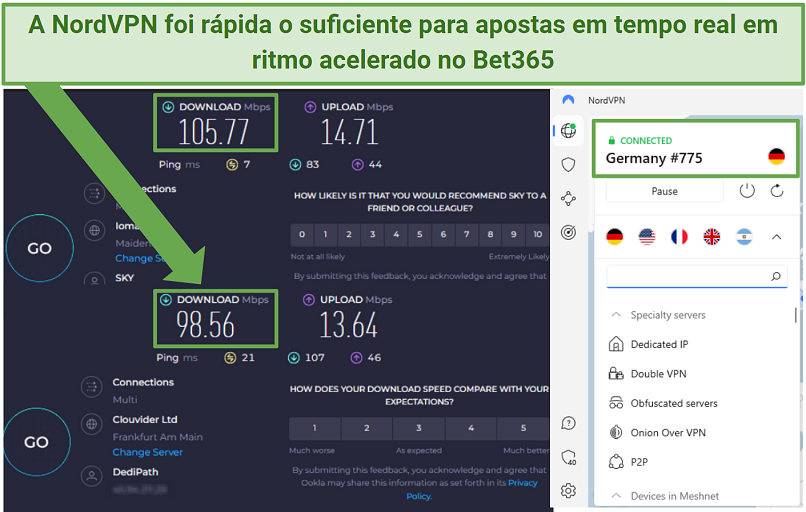 Screenshot of two speed test results showing baseline internet speed compared to speeds while NordVPN is connected to a server in Germany