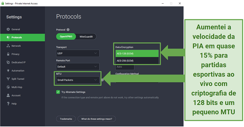 Screenshot of PIA's Protocols settings menu showing 128-bit encryption and small MTU selected