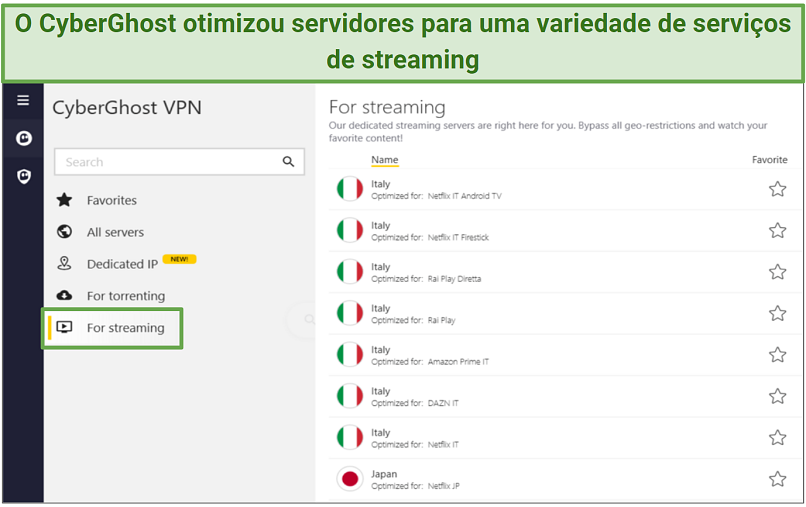 Screenshot of CyberGhost's app showing its streaming servers.