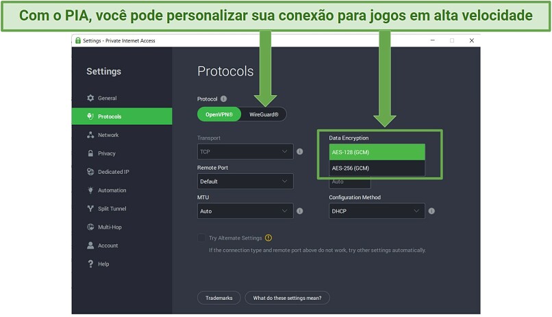 Screenshot displaying how to customize your VPN connection with PIA