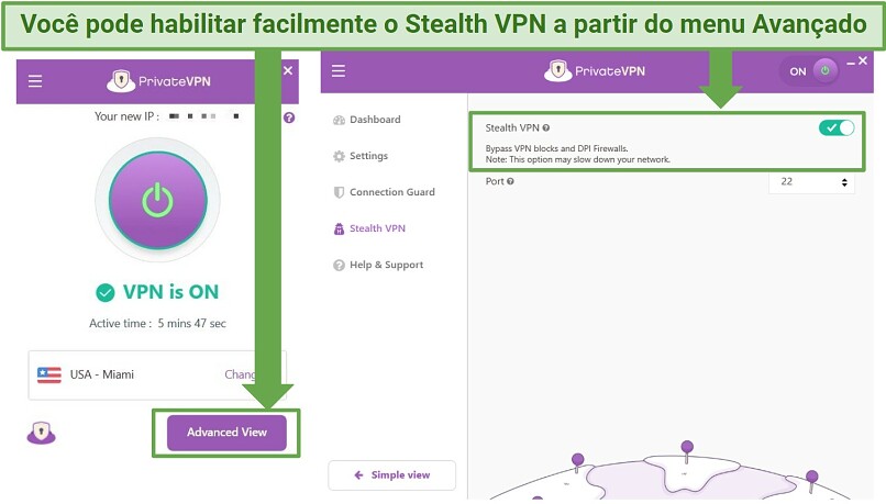 Screenshot showing how to enable PrivateVPN's StealthVPN Mode