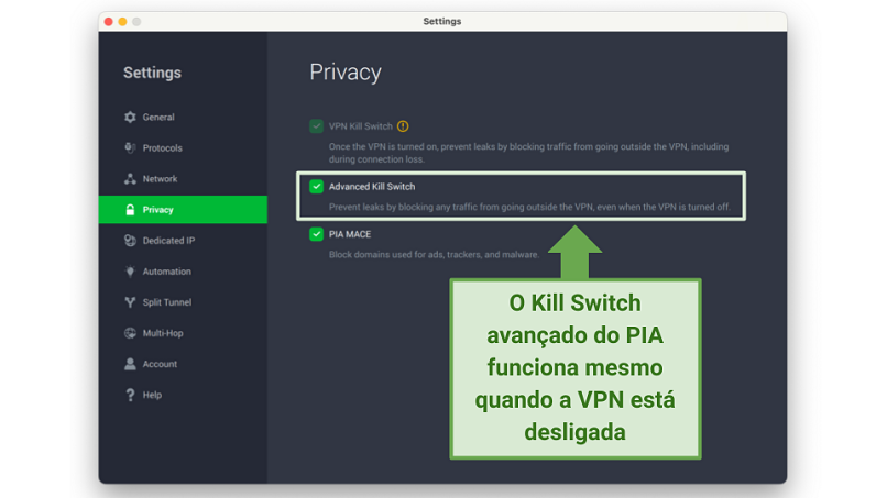 Screenshot showing PIA's Advanced Kill Switch feature