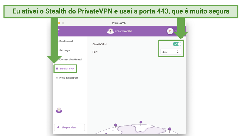 Screenshot showing the Advanced View of the PrivateVPN app activating Stealth VPN