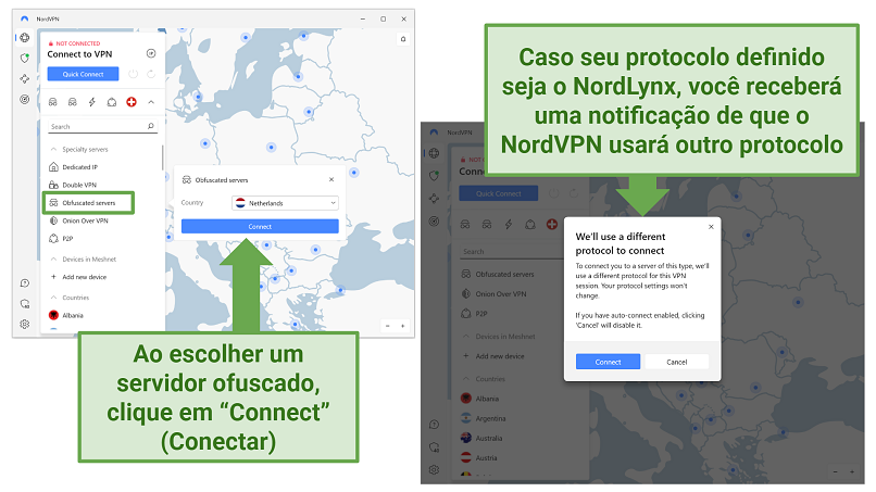Screenshots of NordVPN's Windows app showing its Obfuscated server drop-down menu and the notification for changing protocols
