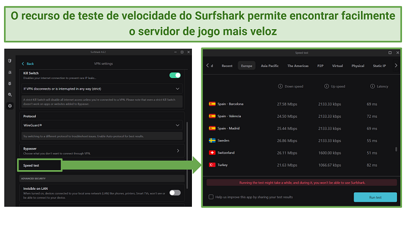 Screenshots of Surfshark's speed test feature on its Windows app showing speed results on its servers in Europe