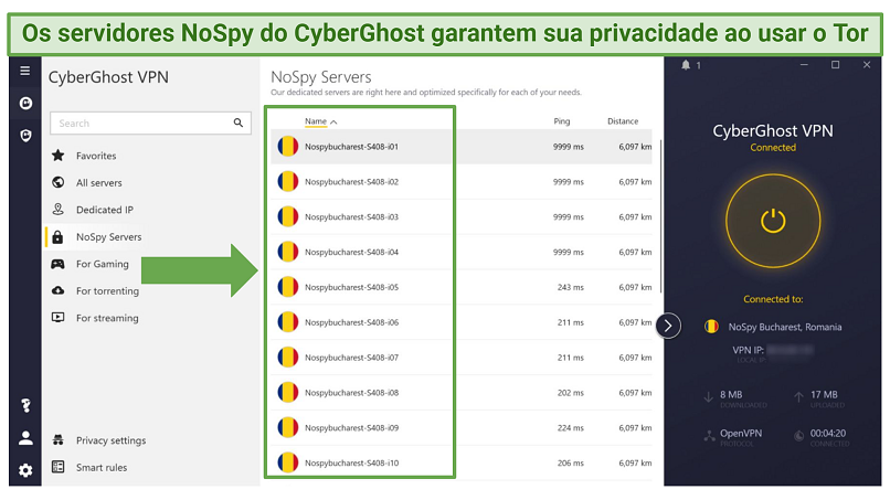 Captura de tela do aplicativo CyberGhost para Windows destacando onde encontrar os servidores NoSpy