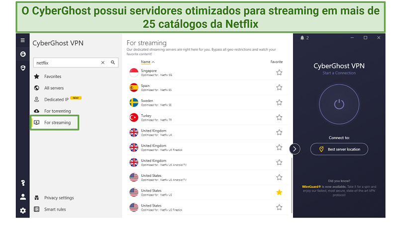 Screenshot showing some of CyberGhost's streaming optimized servers