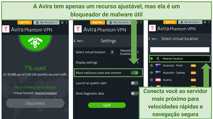 Screenshot of Avira Phantom VPN's basic app