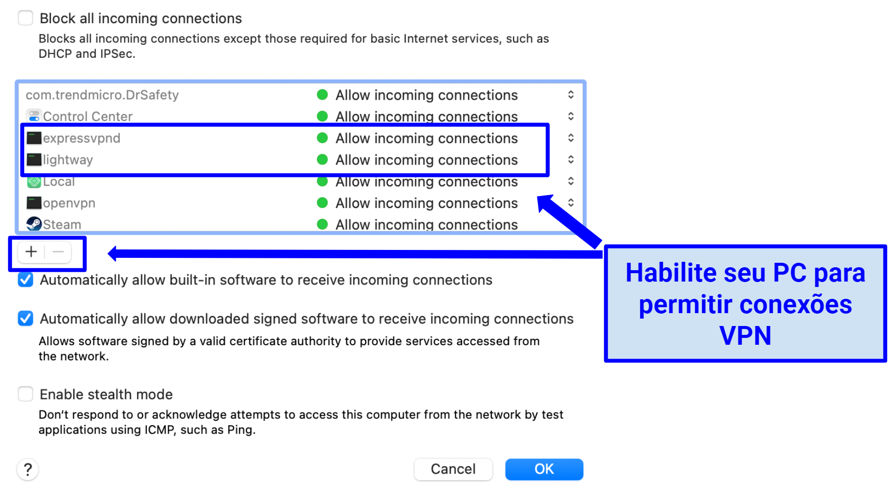 A screenshot showing VPN allowed on macOS firewall