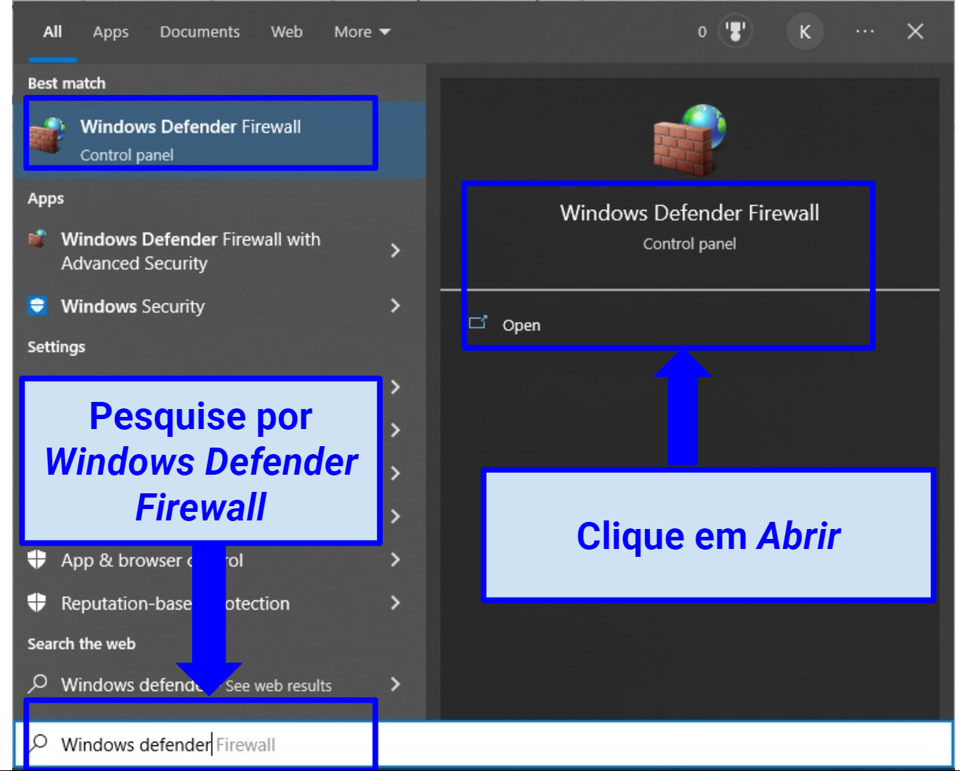 A screenshot of firewall protection search on Windows