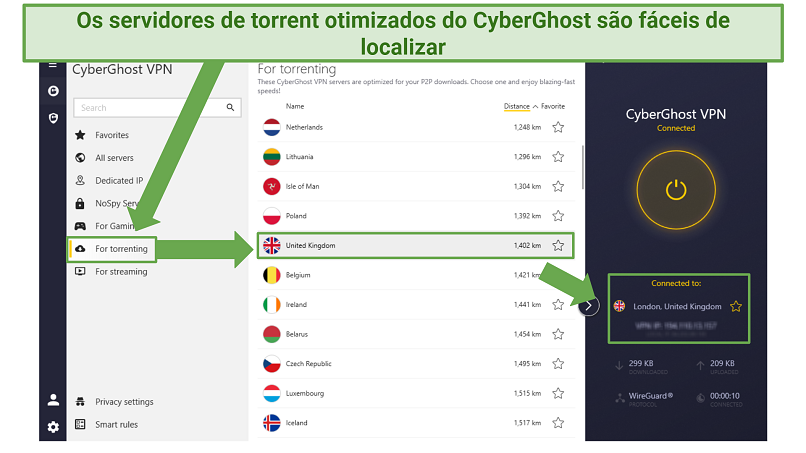 Screenshot of CyberGhost's in-app list of torrenting servers