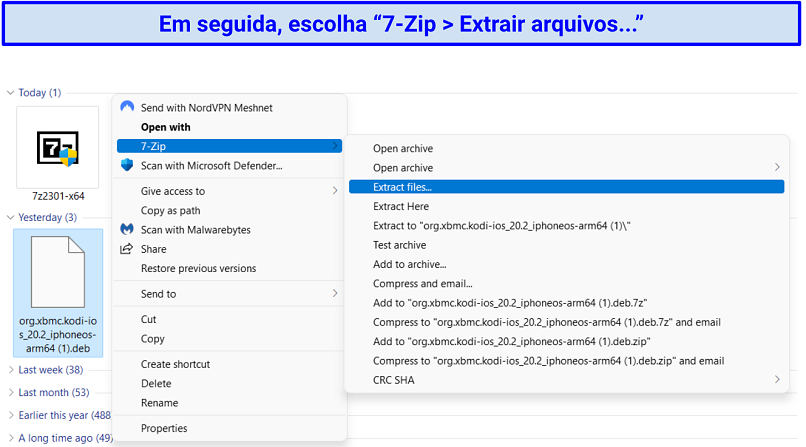 A screenshot showing the process of extracting files from the Kodi DEB file using 7-Zip