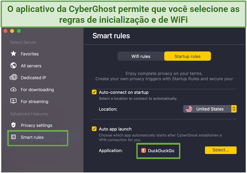 Screenshot da janela de configurações de privacidade do CyberGhost