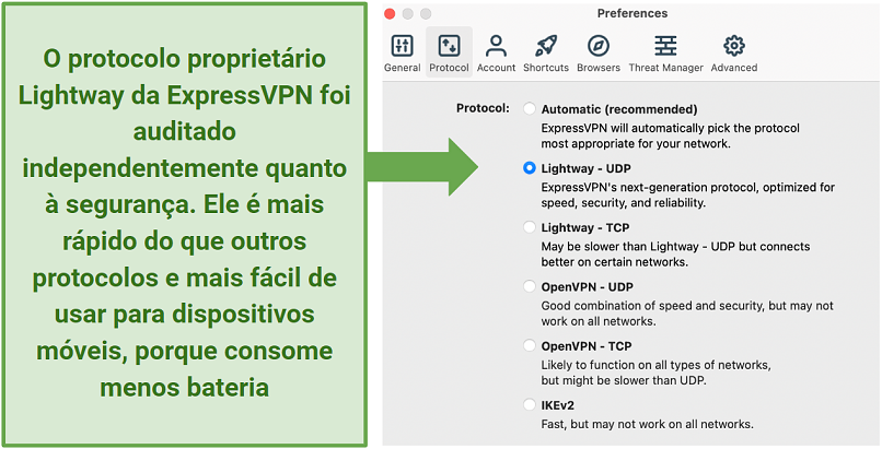 Screenshot dos protocolos da ExpressVPN