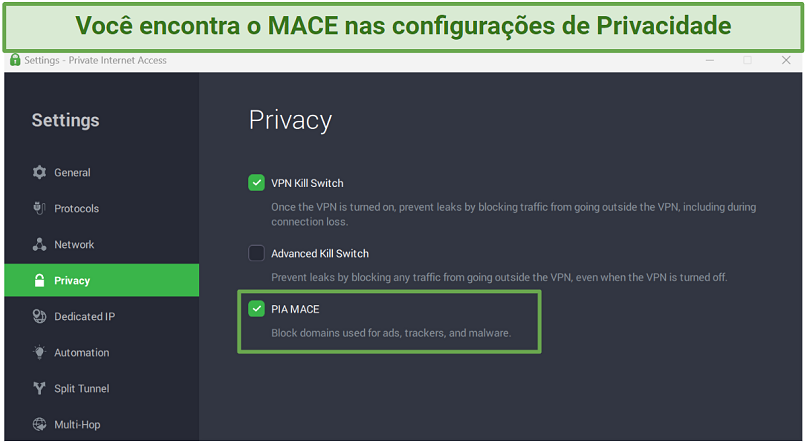 Captura de tela das configurações do MACE do PIA