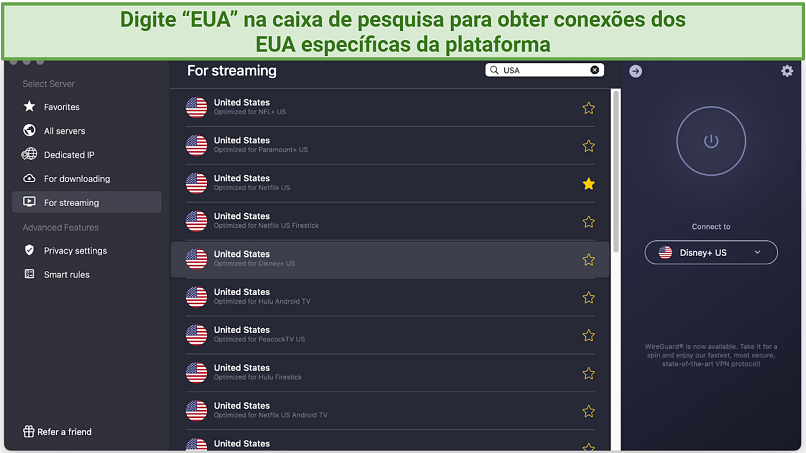 Screenshot showing the US streaming servers on the CyberGhost app