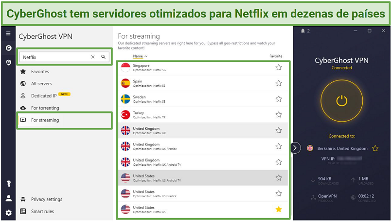 Screenshot showing some of CyberGhost's servers that are optimized for Netflix