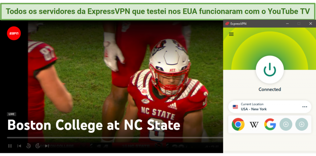 Screenshot of a Boston College vs NC State game playing live on ESPN via YouTube TV while ExpressVPN is connected to a server in New York